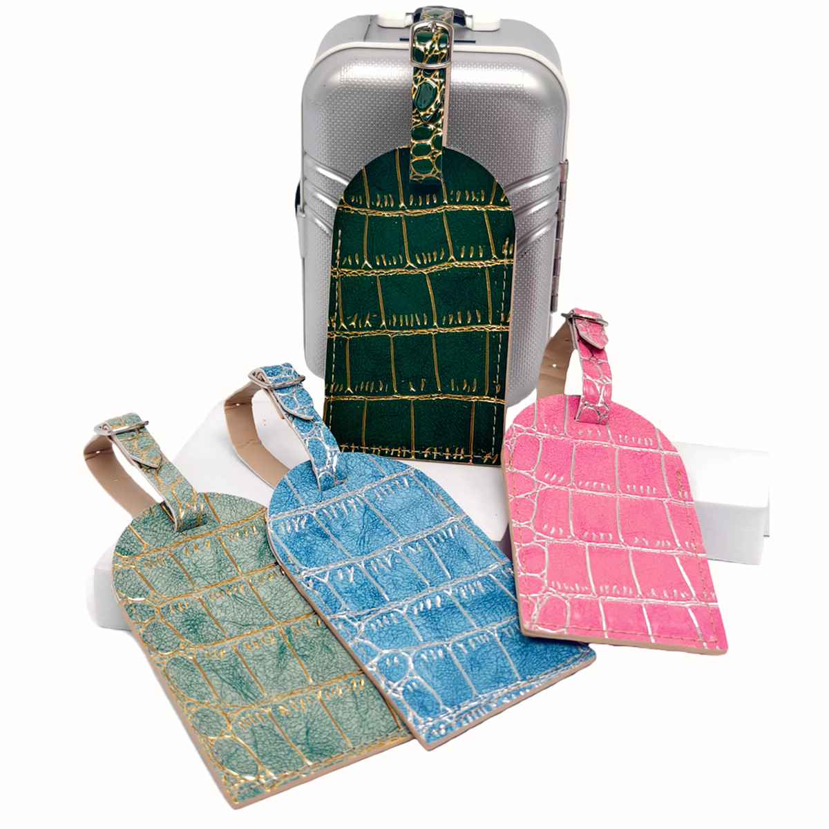 Luggage Tag Leather - Tag Bagasi Berwarna Emas/Perak dengan Motif